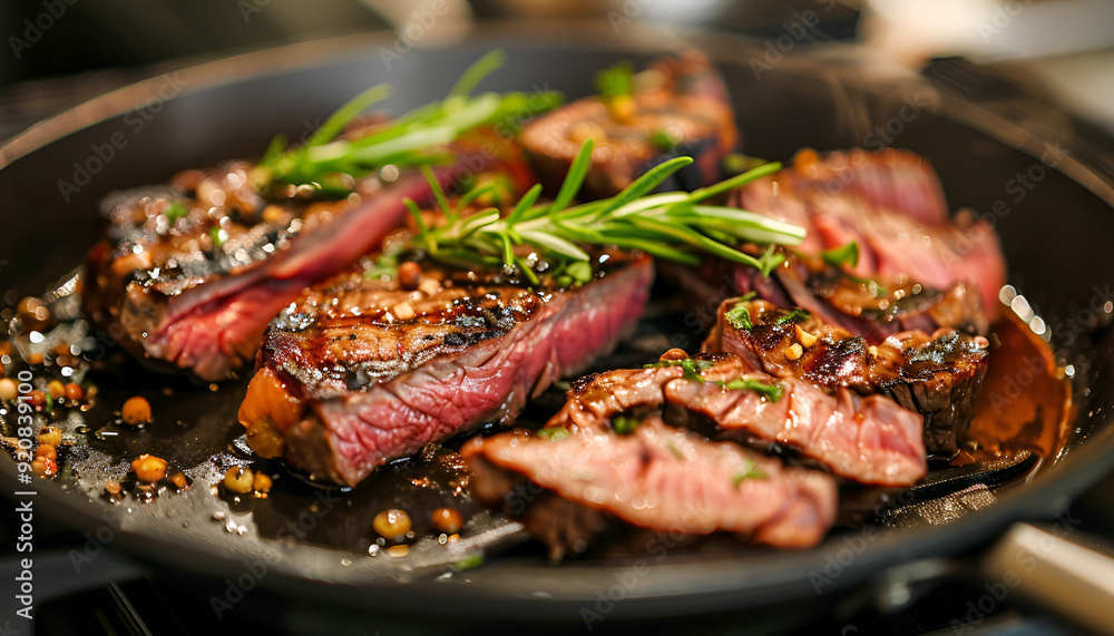 medium rare steaks, as a luxurious dish appetizingly served on the pan in five-star hotel medium rare steaks, as a luxurious dish appetizingly served on the pan in five-star hotel