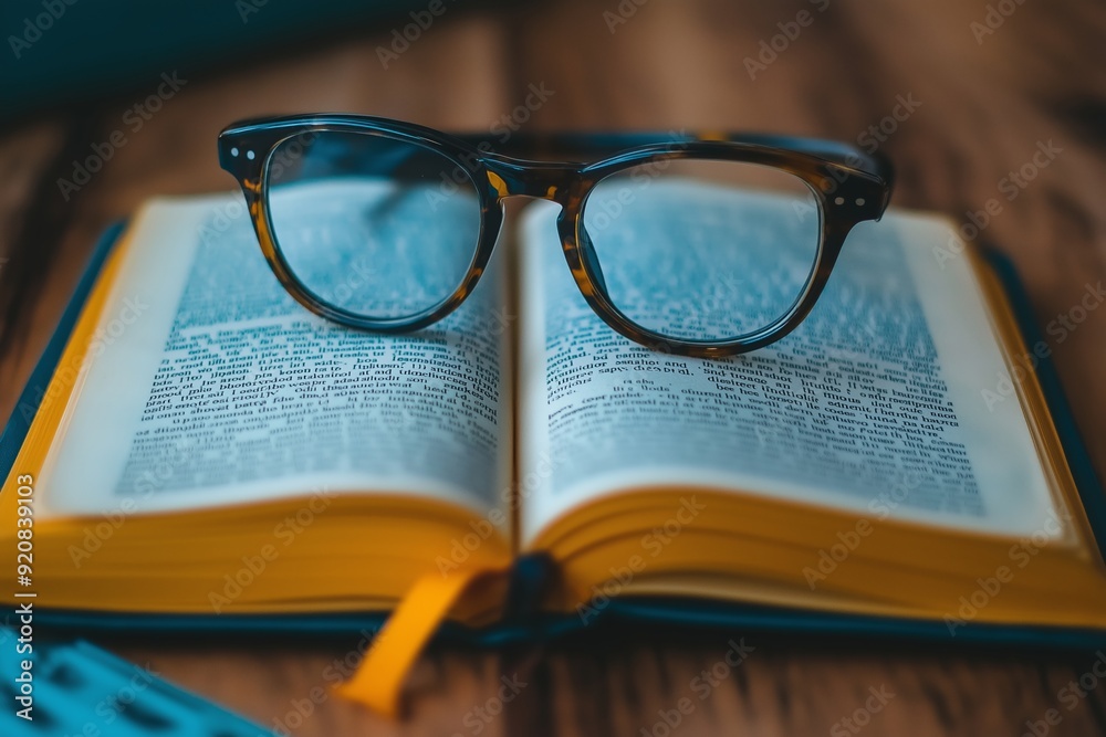 Eyeglasses rest atop an open book on a wooden table, highlighting the pursuit of knowledge and tranquility in a study setting. Eyeglasses rest atop an open book on a wooden table, highlighting the pursuit of knowledge and tranquility in a study setting.