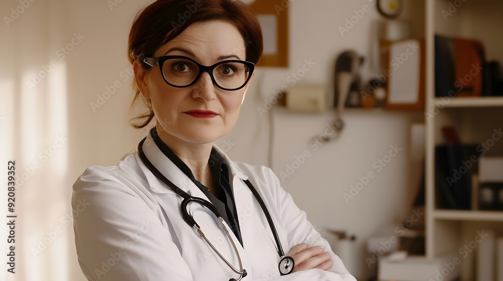 Female doctor in a white coat stands with her arms crossed. Female doctor in a white coat stands with her arms crossed.