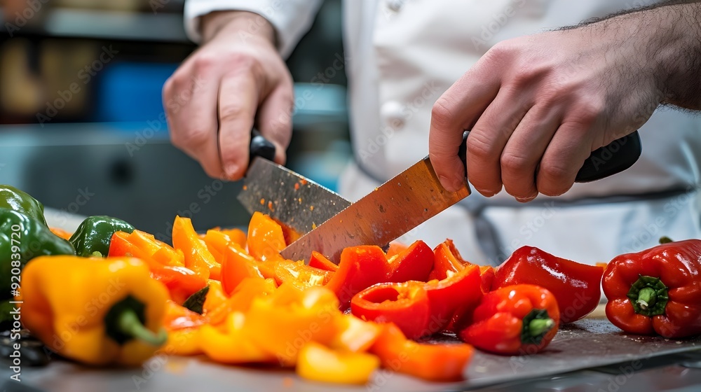 Close up of Chef Slicing Colorful Bell Peppers in a Professional Kitchen Close up of Chef Slicing Colorful Bell Peppers in a Professional Kitchen