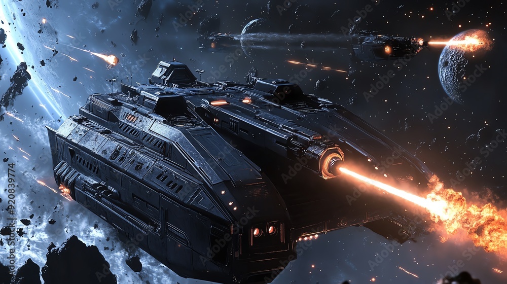 Naklejka premium A futuristic spaceship glides through space, navigating asteroids and engaging in a stellar battle, showcasing advanced technology.
