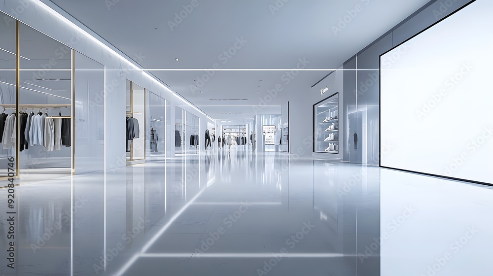 Retail store interior, large digital display screen, blurred background, fashion boutique, clothing racks, mannequins, polished floor reflection, minimalist design. Retail store interior, large digital display screen, blurred background, fashion boutique, clothing racks, mannequins, polished floor reflection, minimalist design.