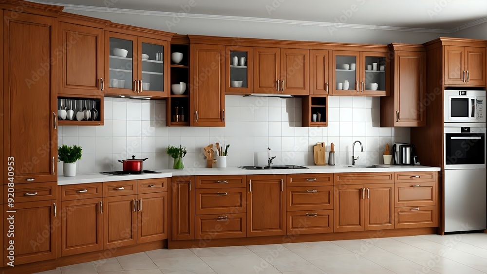 Modern kitchen with wooden cabinets and white appliances. Modern kitchen with wooden cabinets and white appliances.