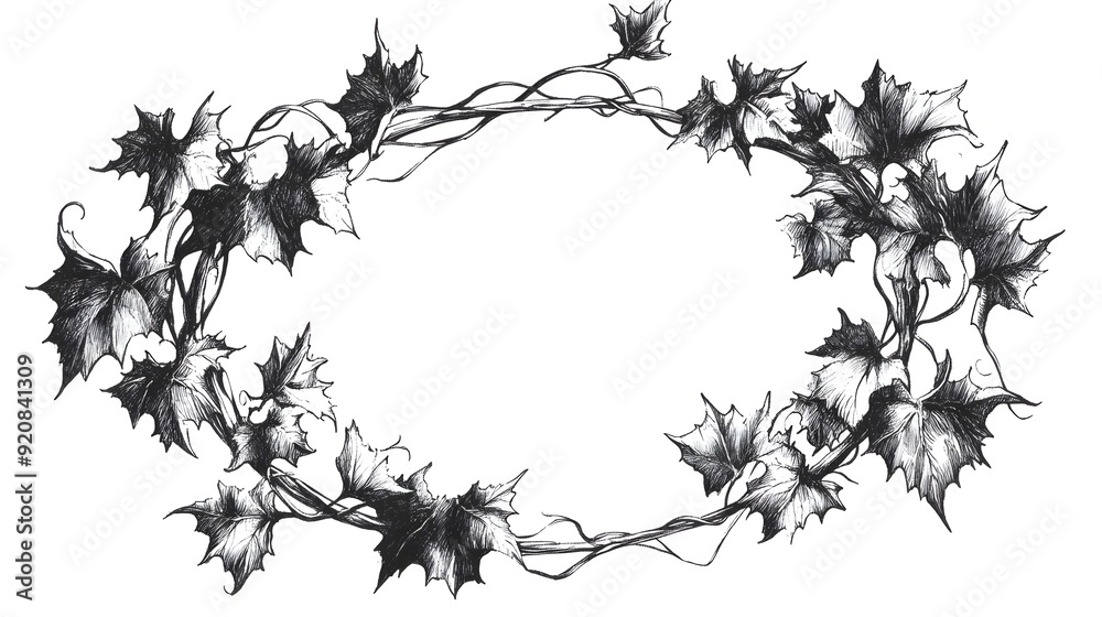 Fototapeta premium Autumn Leaves Wreath in Monochrome Sketch Style