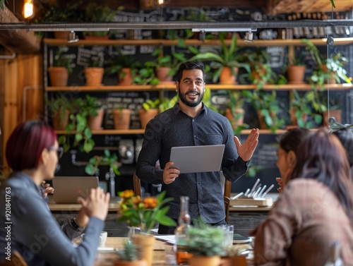 An entrepreneur presenting a pitch to a small intimate group of investors in a cafe