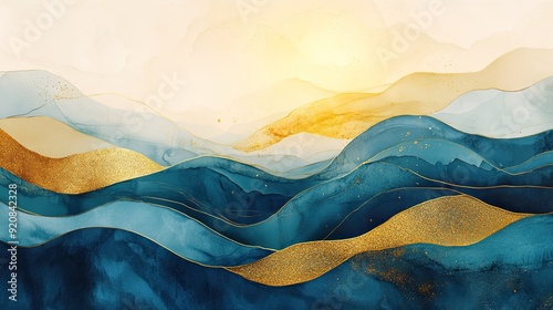 Abstract, Graphic composition, Color mixing, Texture, Geometry, Golden elements, Art, Golden lines, Watercolor, Landscape, Landscape, Vector illustration 