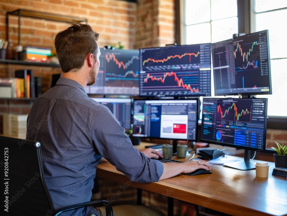 A startup founder using a multiscreen setup to present different aspects of their business A startup founder using a multiscreen setup to present different aspects of their business