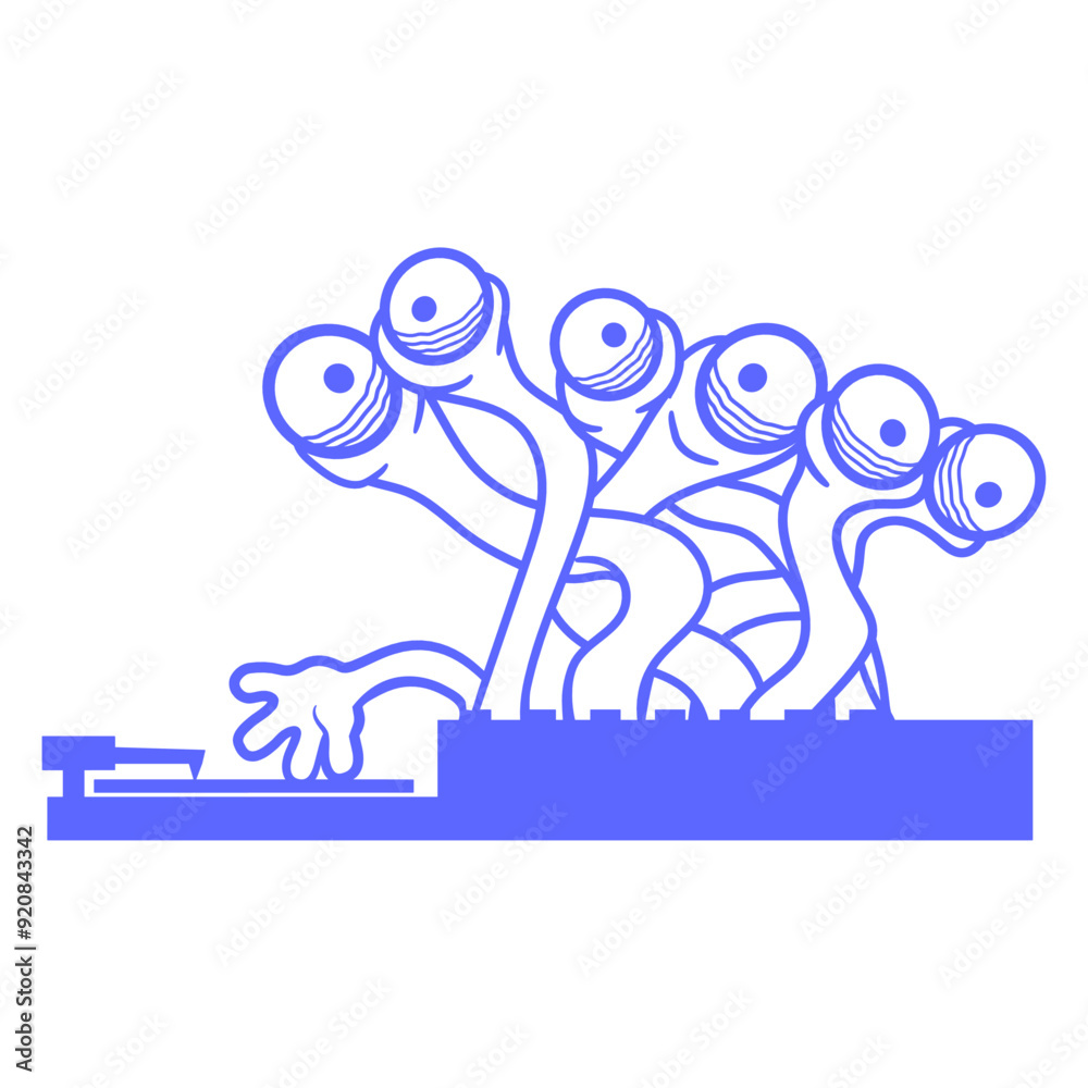Obraz premium Music DJ Many Eyes Monster Horror Halloween Spooky Alien Sunglasses Headphone Mixing Console party comic humor cartoon cool techno dance fun electro sounds lovers like disco rave club festival concert