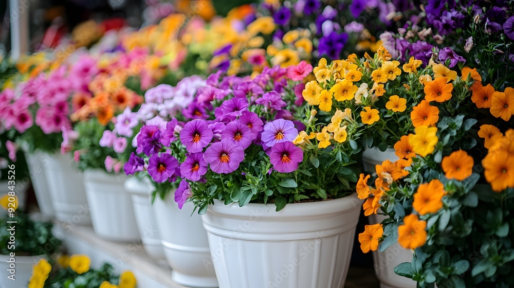 Vibrant potted flowers, white ceramic planters, colorful petunias, pansies, and marigolds, garden variety, lush foliage, spring bloom display, outdoor terrace setting. Vibrant potted flowers, white ceramic planters, colorful petunias, pansies, and marigolds, garden variety, lush foliage, spring bloom display, outdoor terrace setting.