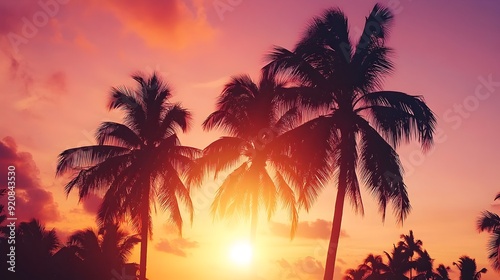 Stunning Tropical Sunset Over Palm Trees on Beach with Ocean Views