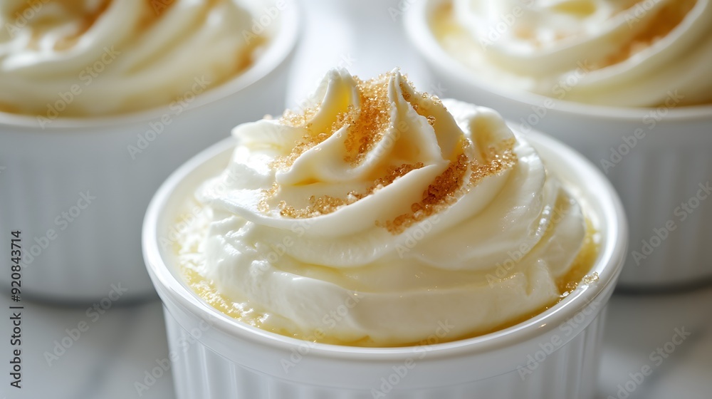 White ramekin whipped cream, caramelized sugar top, golden brown surface, creamy custard dessert, white marble table background, soft natural lighting. White ramekin whipped cream, caramelized sugar top, golden brown surface, creamy custard dessert, white marble table background, soft natural lighting.