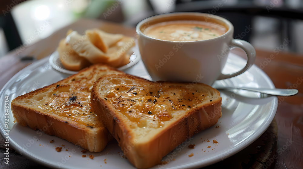 hot tea ,Grilled Butter Bread Topped with sweetened condensed milk / Cappuccino hot tea ,Grilled Butter Bread Topped with sweetened condensed milk / Cappuccino