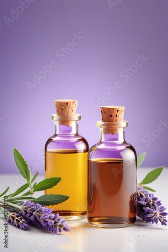 Peppermint oil bottles and lavender, vertical composition