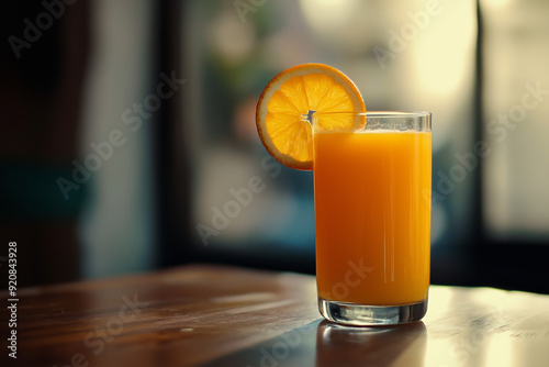 Close-up of a glass of fresh orange juice with a slice of orange on the rim, highlighting health, fitness, and vitamin C benefits.