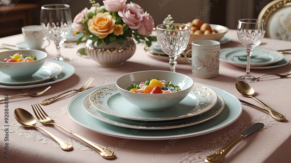 Elegant table setting with gold cutlery and a bowl of fruit salad. Elegant table setting with gold cutlery and a bowl of fruit salad.