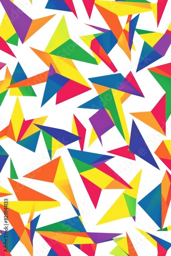 An abstract geometric pattern with each shape filled with a different color of the rainbow on a white background. 