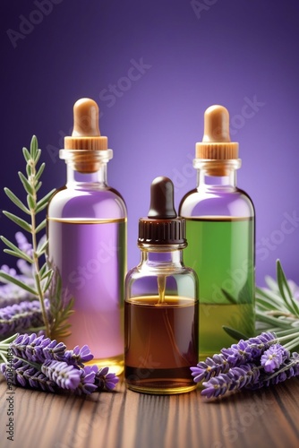 Peppermint oil bottles and lavender, vertical composition