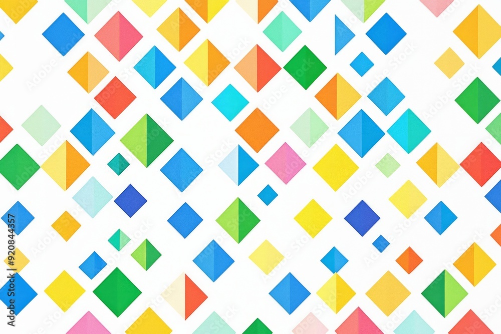 An abstract geometric pattern with each shape filled with a different color of the rainbow on a white background. An abstract geometric pattern with each shape filled with a different color of the rainbow on a white background.