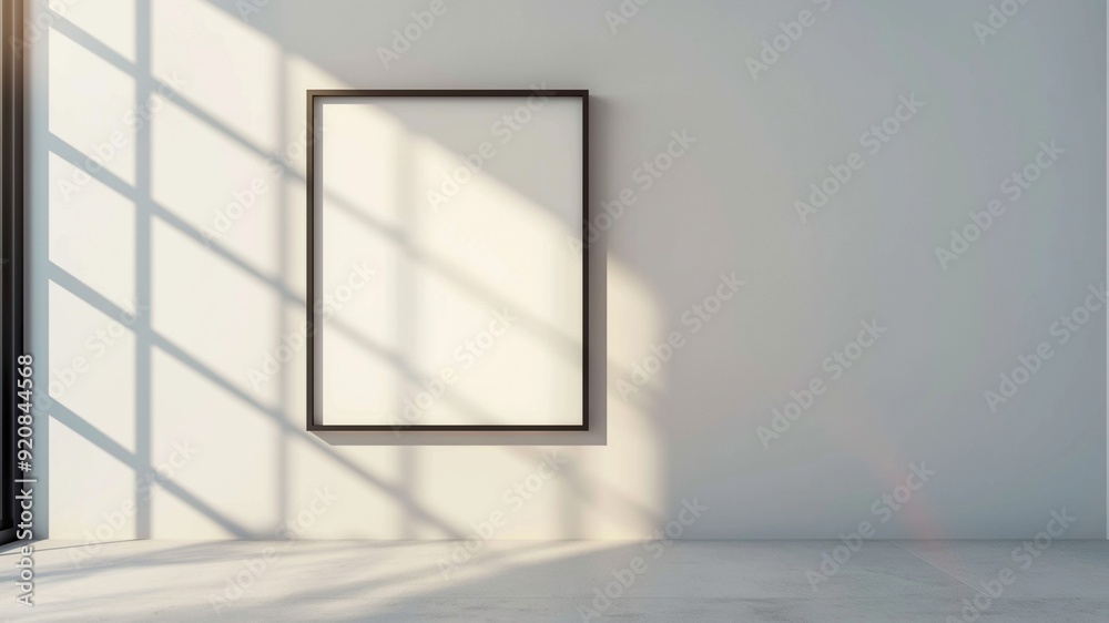 Mockup of an empty frame in a room with white walls and window shadows Mockup of an empty frame in a room with white walls and window shadows
