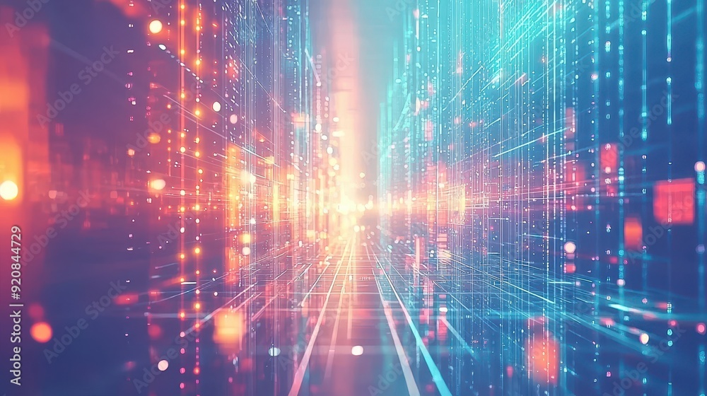 Fototapeta premium A vibrant digital landscape filled with glowing lines and particles, representing a futuristic technology and data visualization theme.