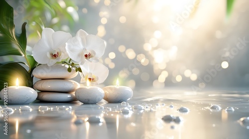 Zen spa composition, white marble countertop, bright natural lighting, stacked smooth pebbles, white orchid flower, lit tea candles, water droplets, green leaves background.