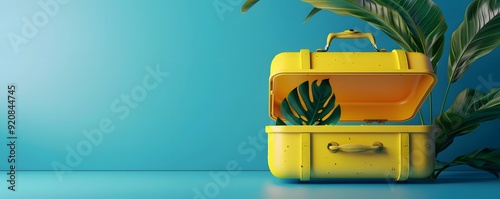 Open Yellow Suitcase with Tropical Leaves on a Blue Background