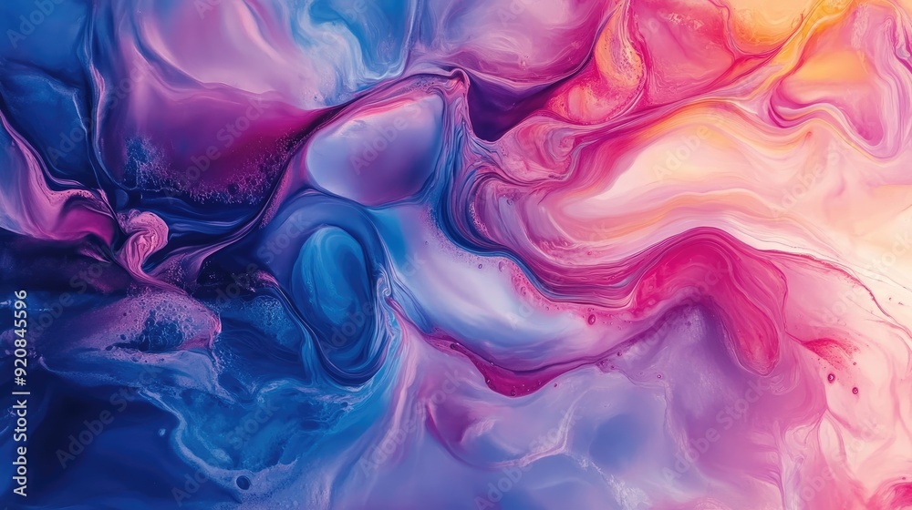 Fototapeta premium Beautiful abstraction of liquid paints in slow blending flow mixing together gently