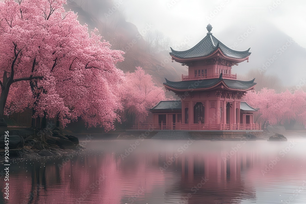 enchanted cherry blossom sanctuary ancient japanese pagoda nestled among blooming sakura trees misty atmosphere soft pink petals falling tranquil pond reflecting pastel sky enchanted cherry blossom sanctuary ancient japanese pagoda nestled among blooming sakura trees misty atmosphere soft pink petals falling tranquil pond reflecting pastel sky