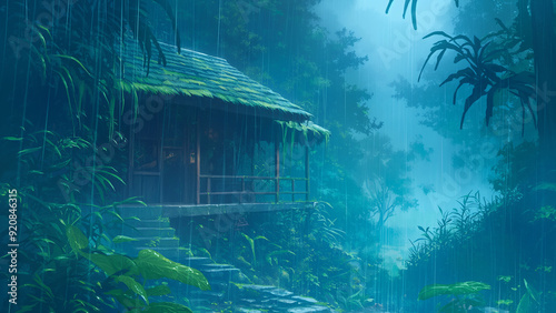 Hut in the Jungle. Styled like an anime or game background. Blue sky, sunset, sunrise, night, fog, snow, rain, cloudiness, autumn leaves, rainbow, etc. photo