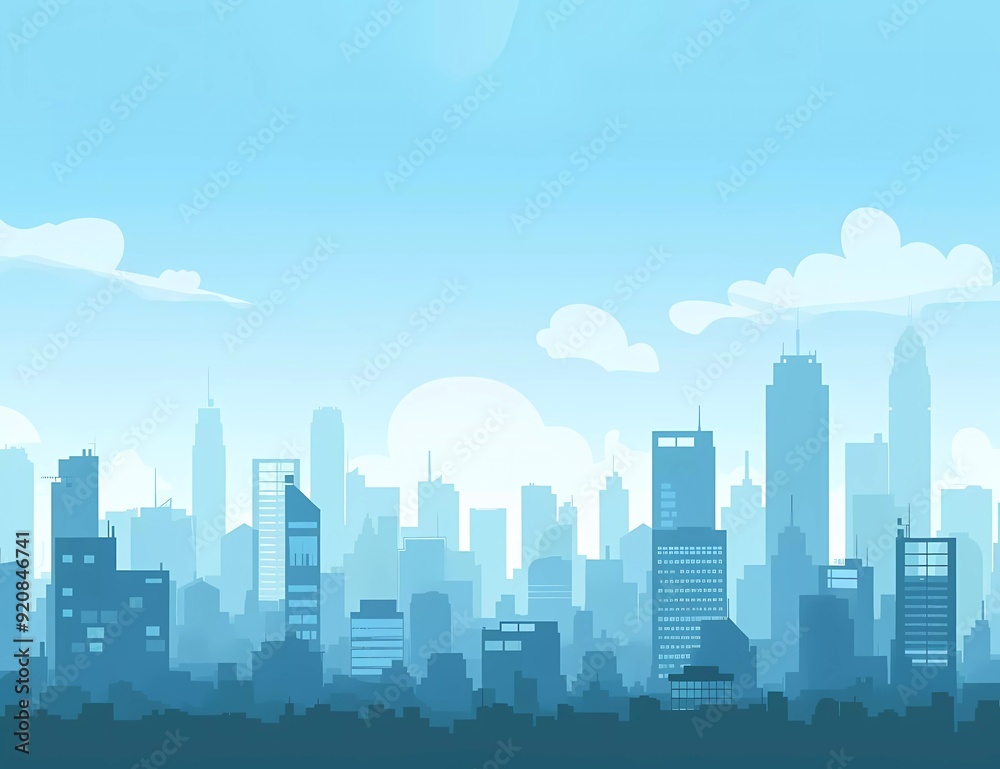 A flat vector illustration of city skyline background with simple minimal shapes, sky blue color palette A flat vector illustration of city skyline background with simple minimal shapes, sky blue color palette