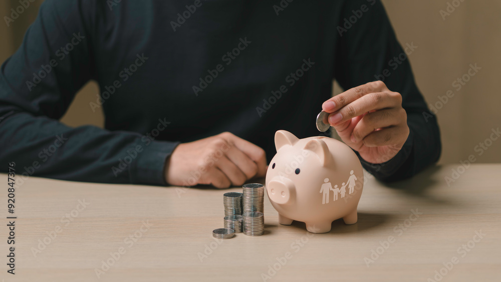 saving money in a piggy bank, income, return, retirement, compensation fund, investment, dividend tax, stock market, Saving money concept for the future.Planning for support.