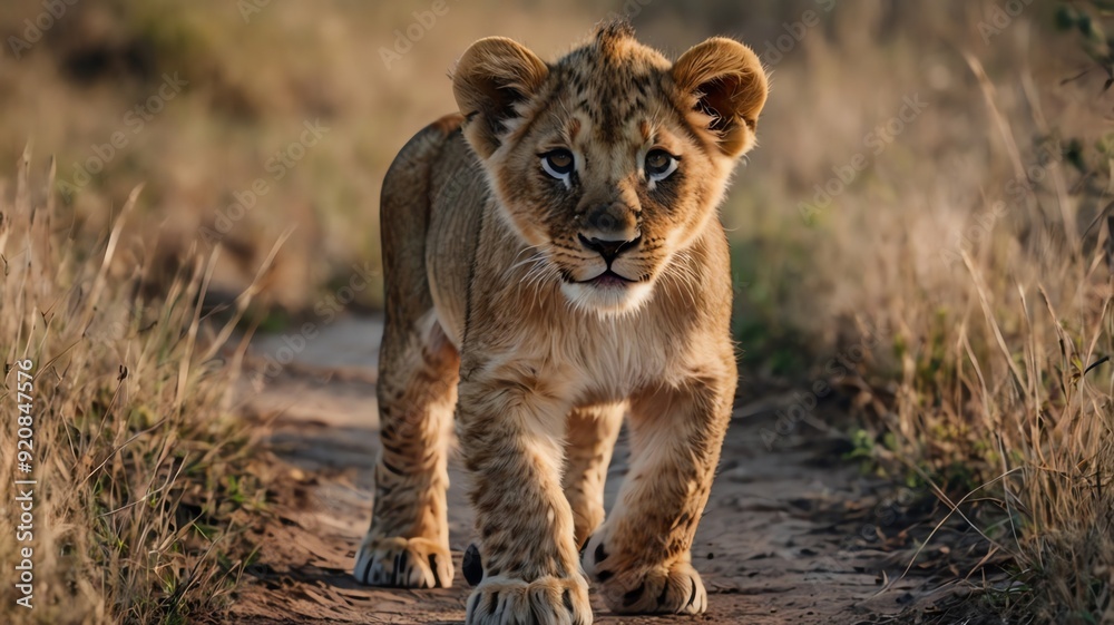 Naklejka premium A picture of a young lion walking on a dirt path