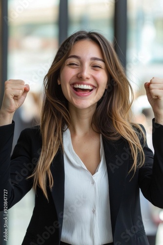 An excited businesswoman holding fists up celebrating with a big smile 