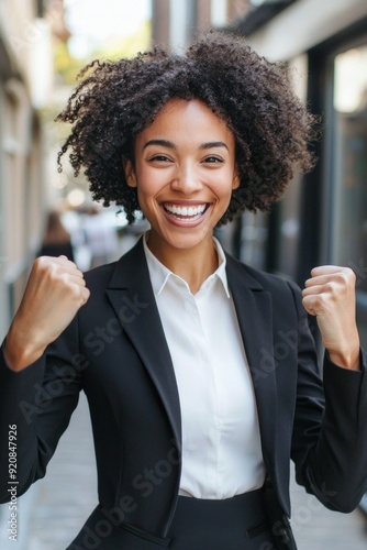 An excited businesswoman holding fists up celebrating with a big smile  photo