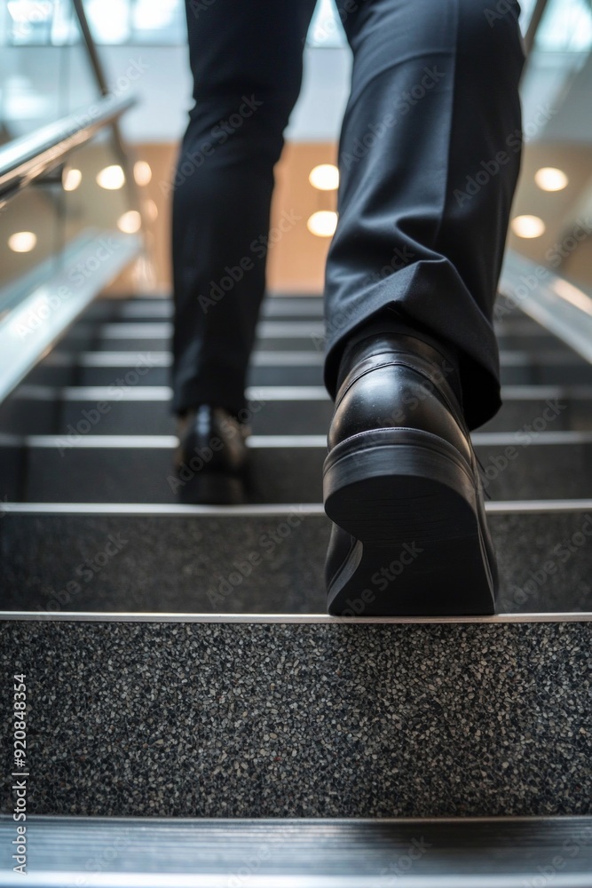 Fototapeta premium Close up of a determined businessman feet climbing a flight of stairs in a corporate building, symbolizing the steps to success and achievement.