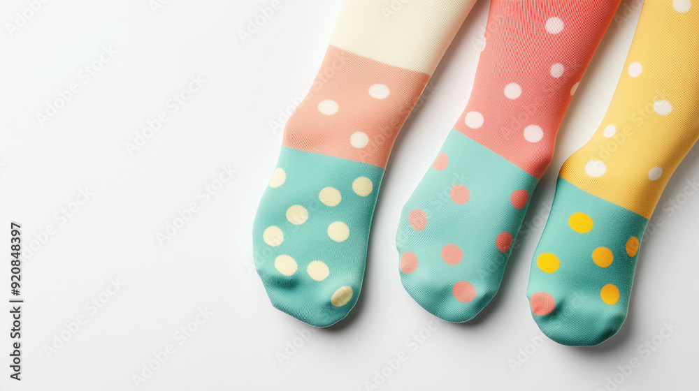 Three colorful polka dot socks on white background. .. Three colorful polka dot socks on white background. ..