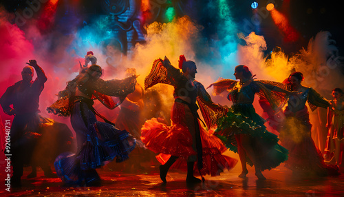 group of flamenco dancers dancing in fire engergetic, dynamic colourful extravaganza