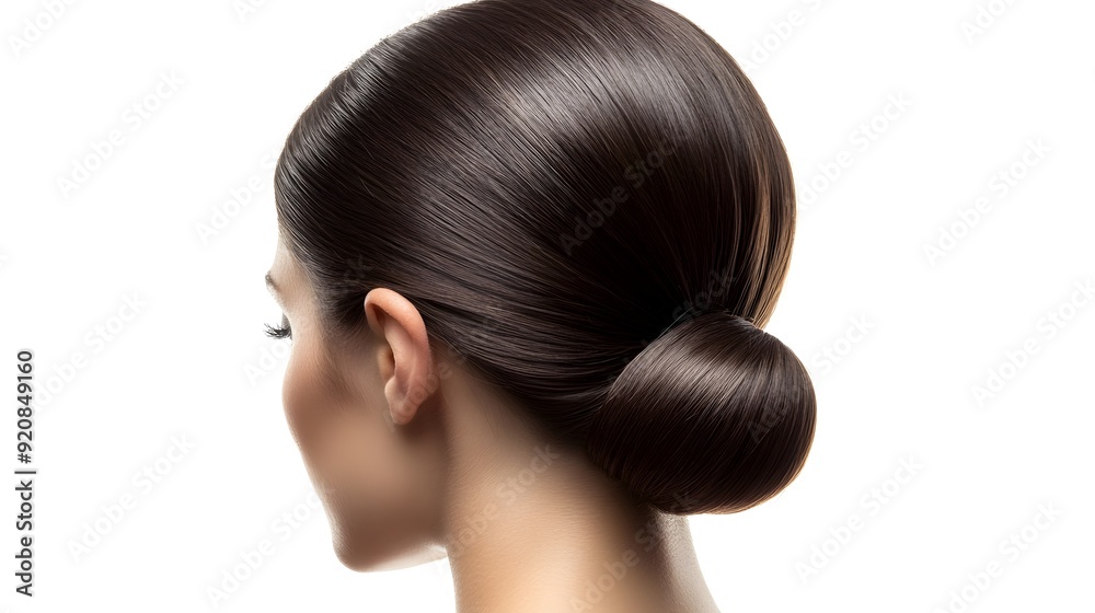 Naklejka premium Elegant Low Bun Hairstyle with Center Part on White Background