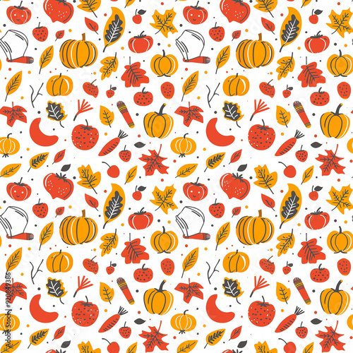 Colorful autumn pattern depicting pumpkins, leaves, and apples on a white background