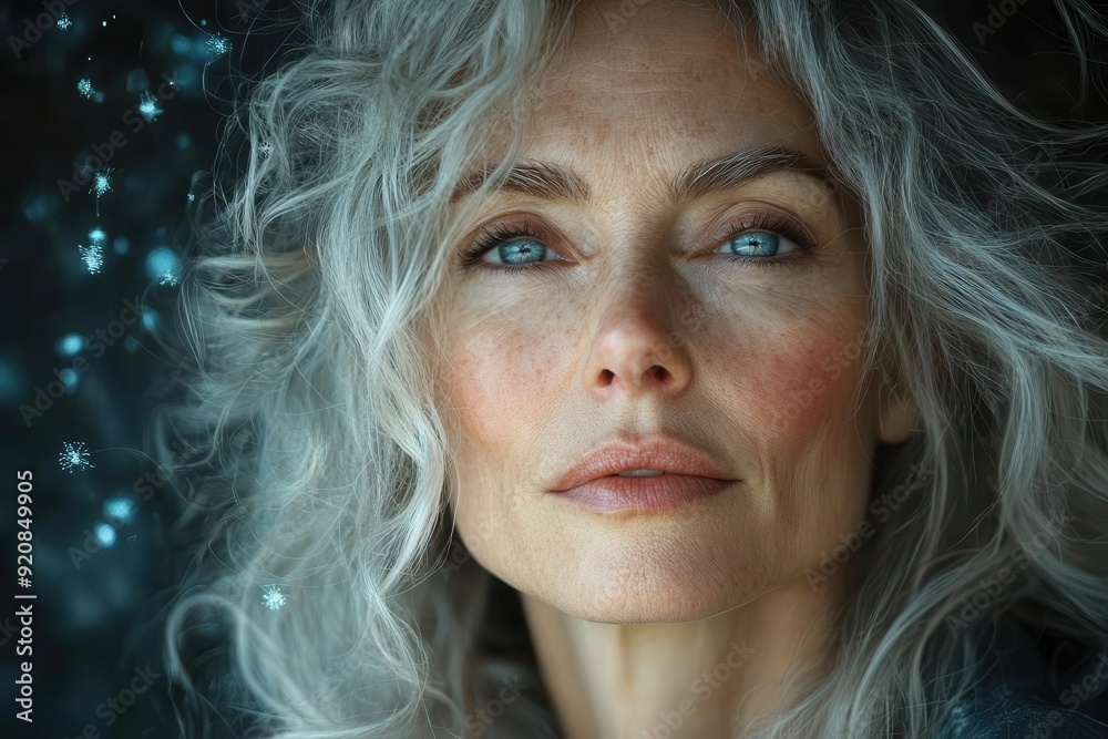 ethereal portrait of a radiant mature woman with silver hair her skin glowing with health surrounded by floating particles of light representing beauty and wisdom ethereal portrait of a radiant mature woman with silver hair her skin glowing with health surrounded by floating particles of light representing beauty and wisdom