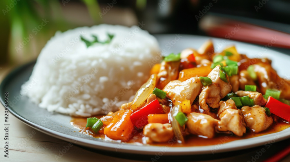 Spicy stir-fried pork and chicken with chili sauce. Spicy stir-fried pork and chicken with chili sauce.
