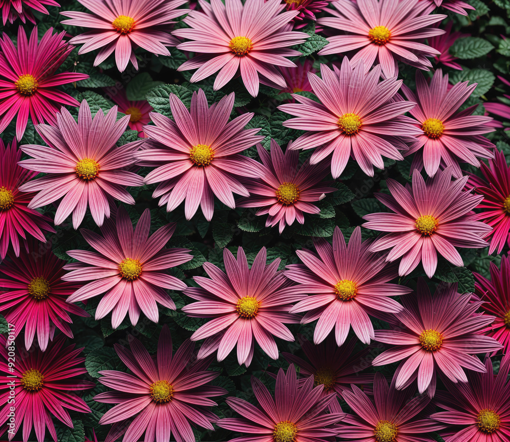 Fototapeta premium A close up of a bunch of pink flowers with yellow centers