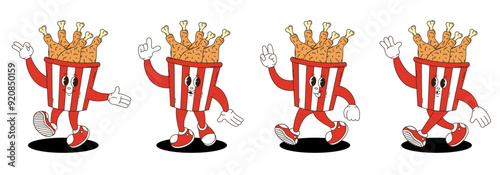 Retro groovy fried chicken legs in a paper bucket characters set.