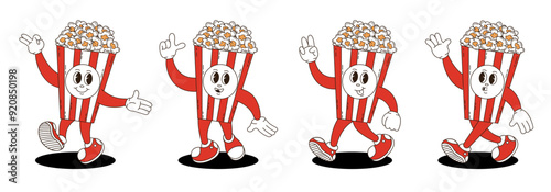 Retro groovy popcorn busket characters set. 