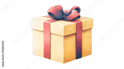 Yellow mystery gift box with red ribbon isolated on cut out PNG or transparent background. Illustration cartoon flat design. Festival celebrations and birthday. Random secret loot box isometric.
