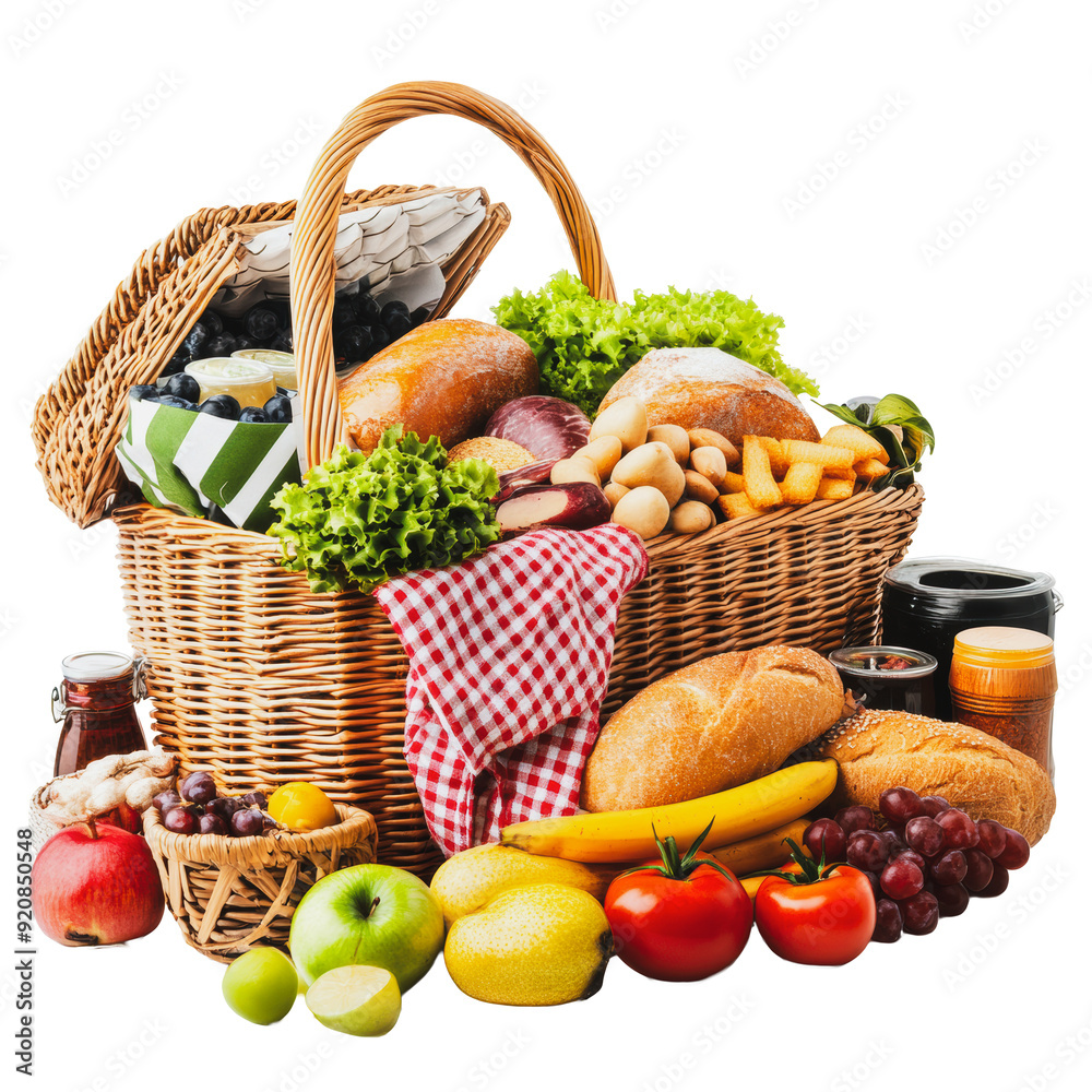 PNG A picnic basket filled with fresh fruits and bread PNG A picnic basket filled with fresh fruits and bread