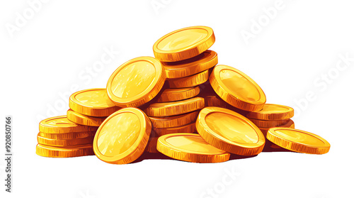 Stacks of yellow gold coins cartoon Illustration isolated on cut out PNG or transparent background. Money coin stack pile. Business and finance concept design and ancient treasures.