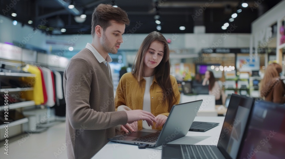A man and a woman are looking at a laptop in a store A man and a woman are looking at a laptop in a store