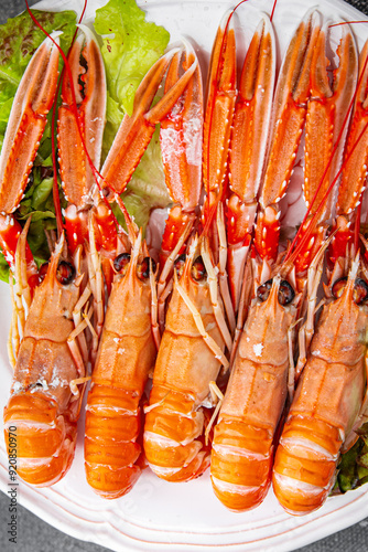 langoustine seafood shrimp prawns fresh food snack on the table copy space food background rustic photo