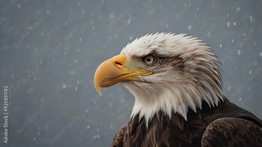 A close-up of a bald eagle's head in the snow A close-up of a bald eagle's head in the snow